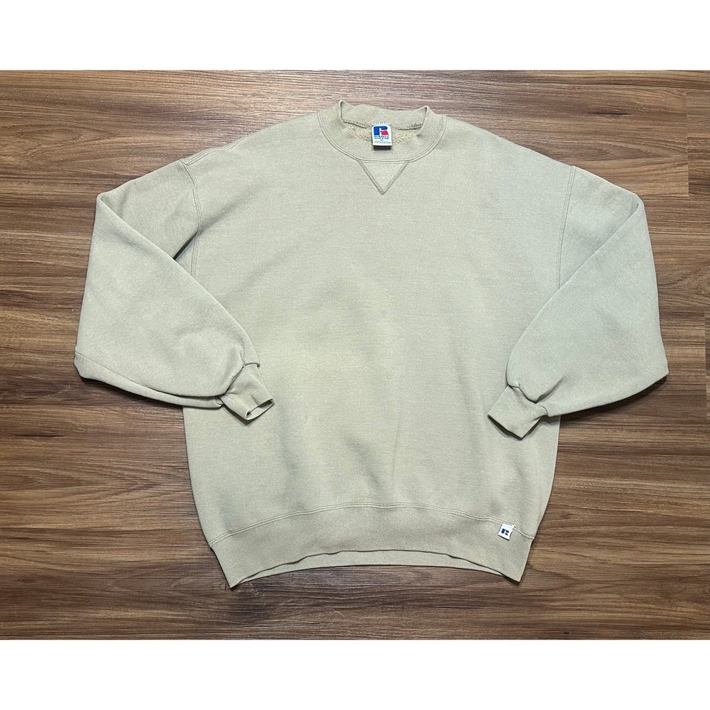 Vintage Russell Athletic Tan Khaki Crewneck Pullover Made in USA Men's Sz XL